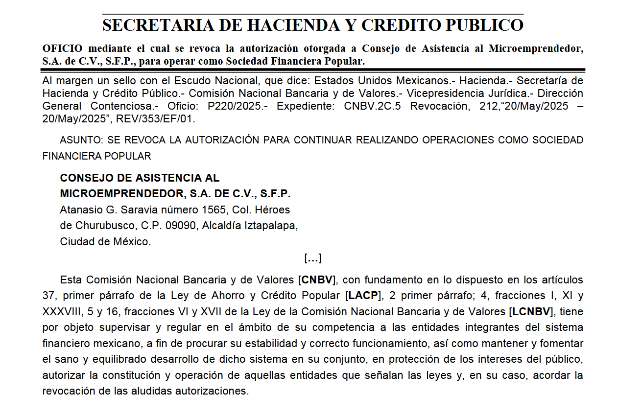 Oficio DOF: Revocación de la autorización a SOFIPO CAME